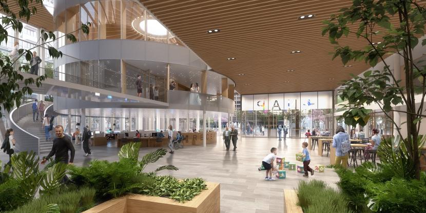 Impressie van de ontvangsthal van het nieuwe gemeentehuis. Door: cevezed (via gemeente Haarlemmermeer)