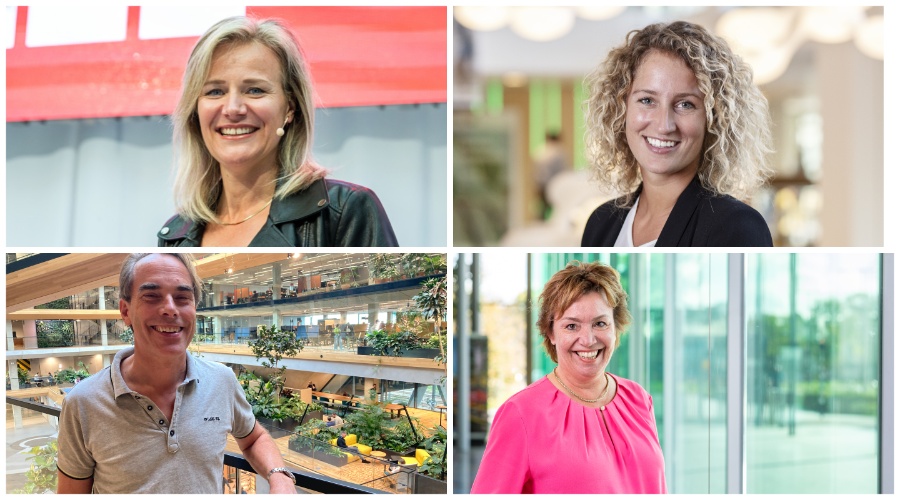 V.l.n.r. (met de klok mee): Suzan Vink (dagvoorzitter), Laurine de Bruin (Vattenfall), Petra van de Nostrum (Rabobank), Marnix Mali (Booking.com). 