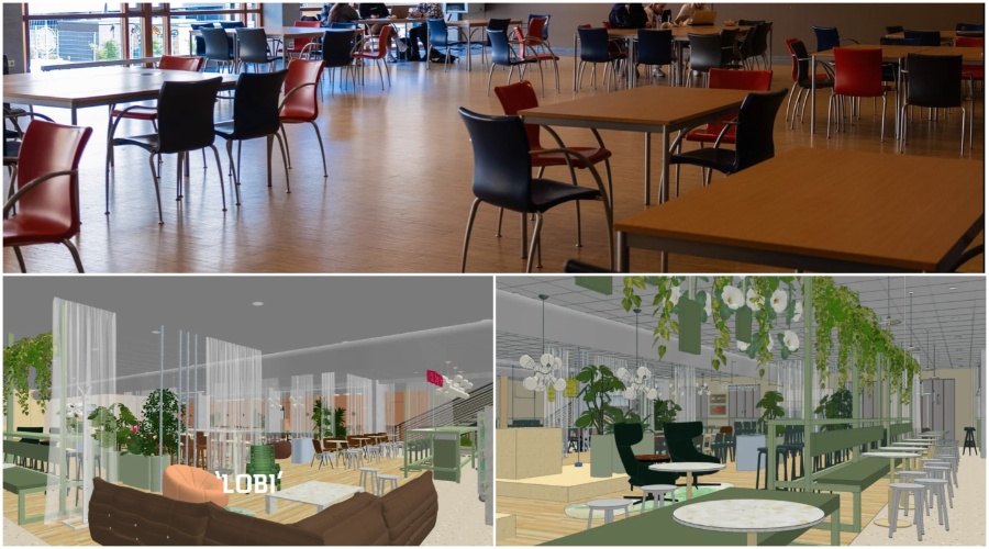 De 'kale' kantine (Foto: Marlene Mahn) en artist impressions (bureau MNDAY).