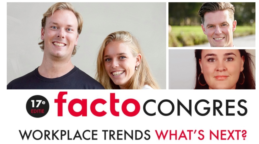 De sprekers van de sessie 'Generaties in verbinding: over havercappu, zwarte koffie en de toekomst van werkgeluk' tijdens het Facto Congres 2024. V.l.n.r. Jordy en Estrella van Toor (FullCharge, Dennis de Breet (adviseur FZ gemeente Amstelveen) en Frances Wijsman, Marketing Manager bij JDE. Professional