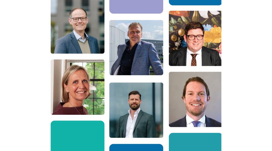 Nieuwe directie Heyday Draaijer Group. (van linksboven met klok mee: Hans Thijssen, Henri Drenthen, Danny van Rosmalen, Reinier Otten, Chiel op den Brouw, Astrid Seegers