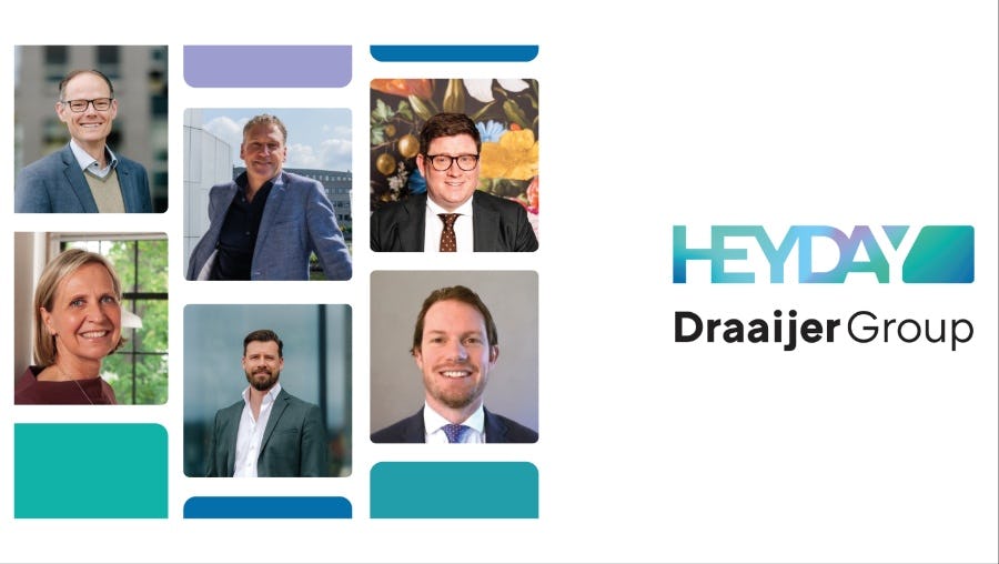 Nieuwe directie Heyday Draaijer Group. (van linksboven met klok mee: Hans Thijssen, Henri Drenthen, Danny van Rosmalen, Reinier Otten, Chiel op den Brouw, Astrid Seegers