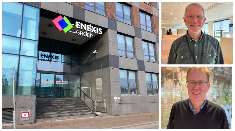 Rechts: René Laheij, Manager Facilitaire Diensten bij Enexis. Daaronder Geert Huisman, Manager Huisvesting & Vastgoed bij Enexis. 'Het is realistisch dat we over twee jaar 8.000 medewerkers hebben. Achteraf gezien zijn we dan ook blij dat we geen panden of m2 hebben afgestoten.'