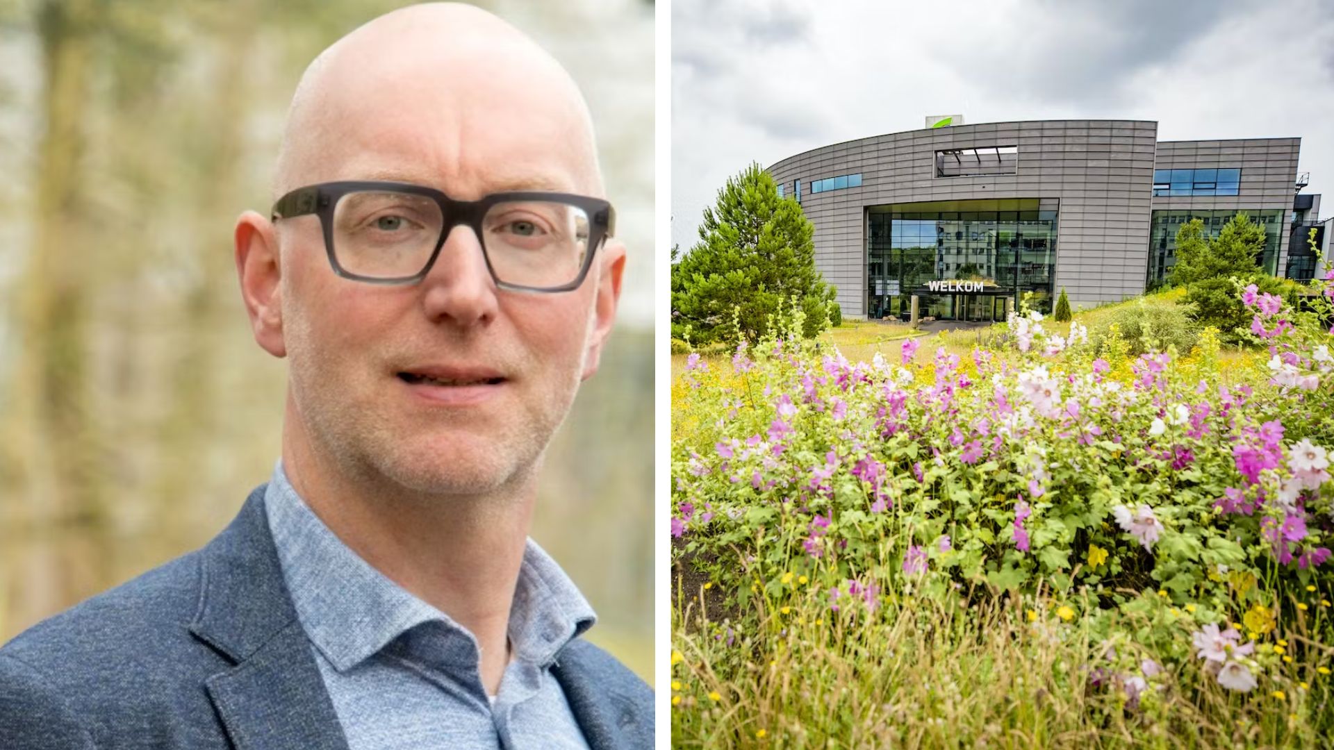 Links: Bart-Jan Lijnkamp, verantwoordelijk voor het Facilitair Bedrijf, Corporate Real Estate en Documentlogistiek bij Achmea. Rechts: Kantoor Achmea in Apeldoorn (Beeld: Rob Voss).