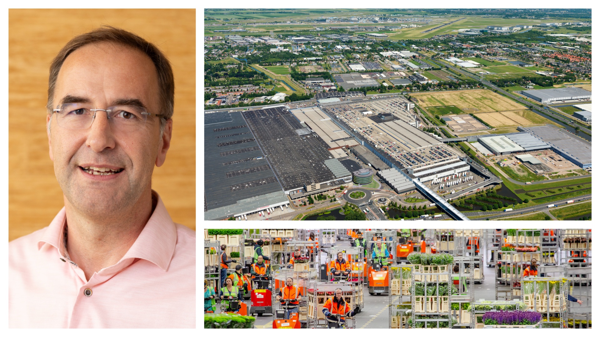 Coen Meijeraan, Manager Facility Management en Vastgoed Royal Flora Holland. Daarnaast: luchtfoto en medewerkers van de bloemenveiling Aalsmeer (beeld: RFH)