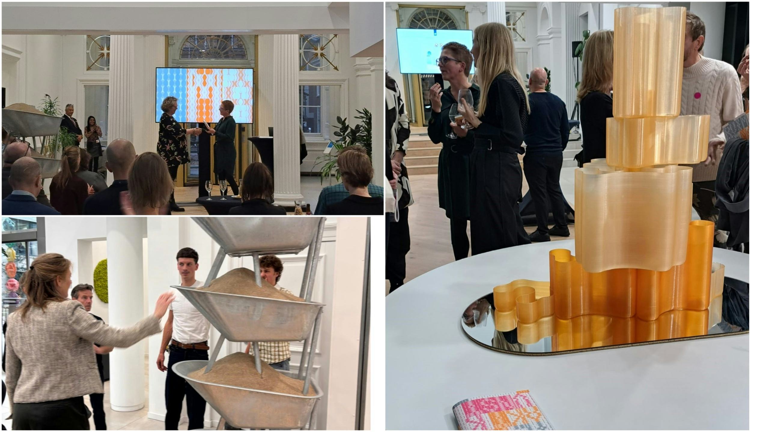 Kunstadviseur Corine Molenaar overhandigt het eerste exemplaar aan Loes Mulder, secretaris-generaal van OCW. Beeld FMH.