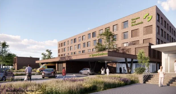 Render van de entree van het spoedplein. Beeld via GHZ