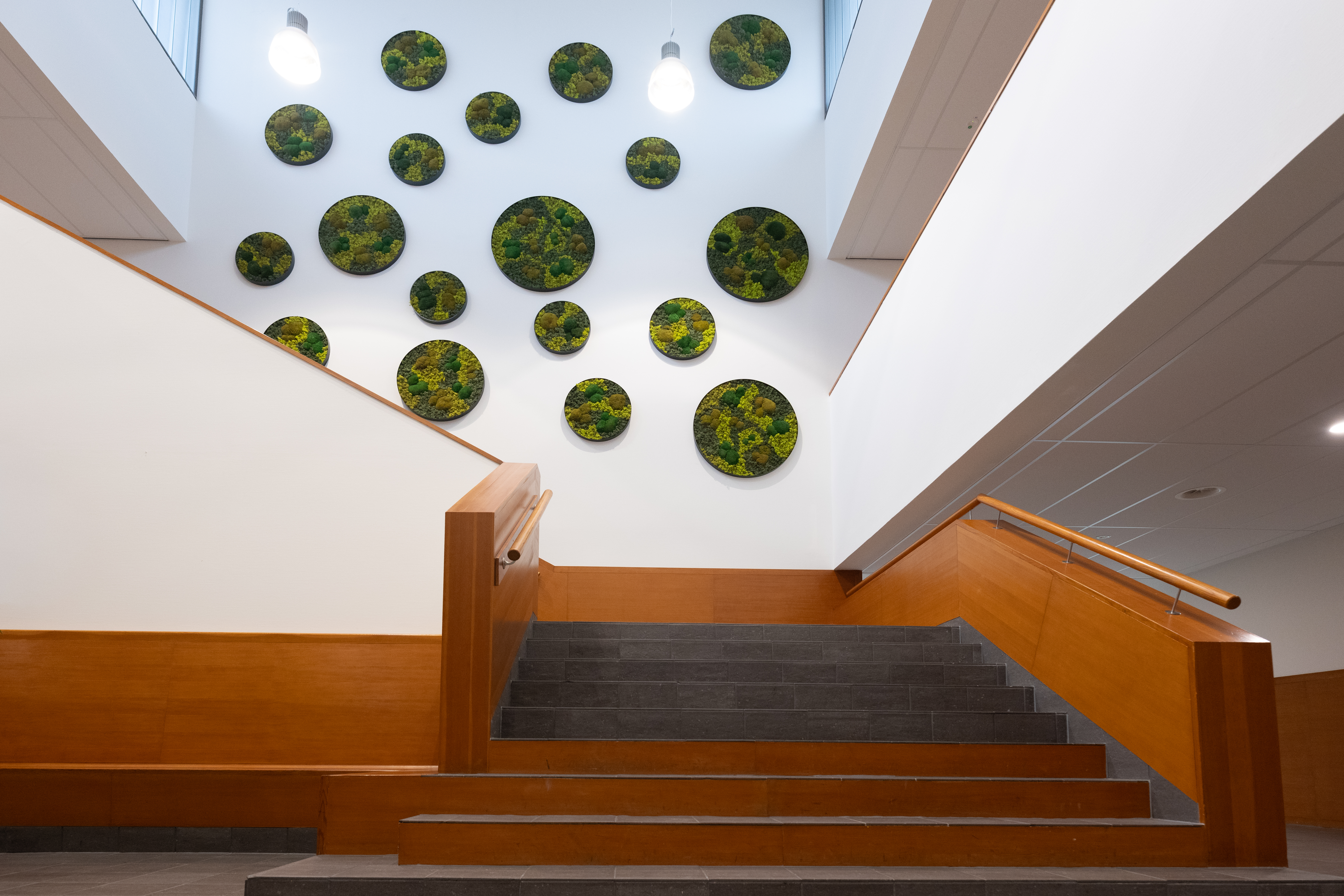 De trap in de centrale hal, inclusief kunstwerk van mos. Foto door VanVlietFotografie
