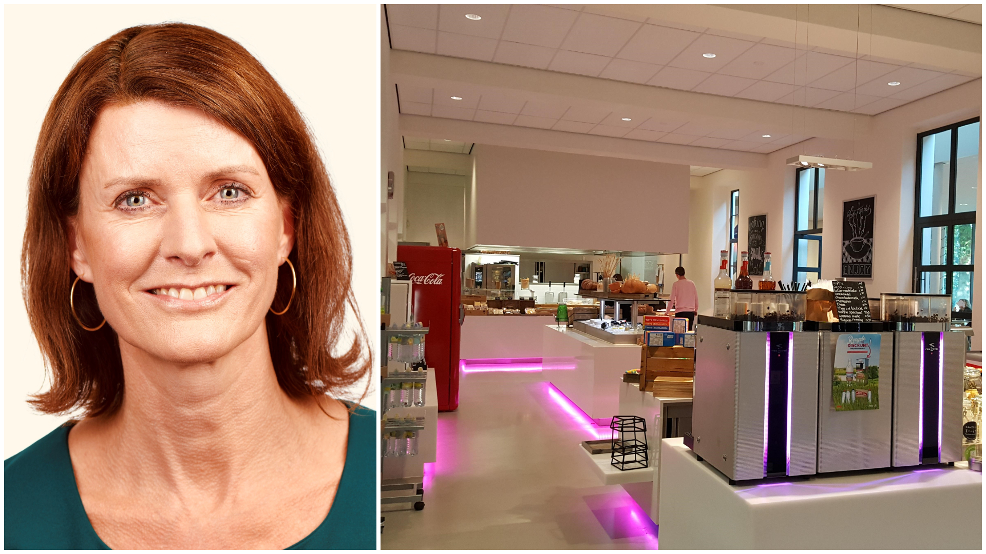 Miranda Vos, Contractmanager Facilitair bij Avans Hogeschool. Rechts de horecavoorziening in de Breda-vestiging van Avans.