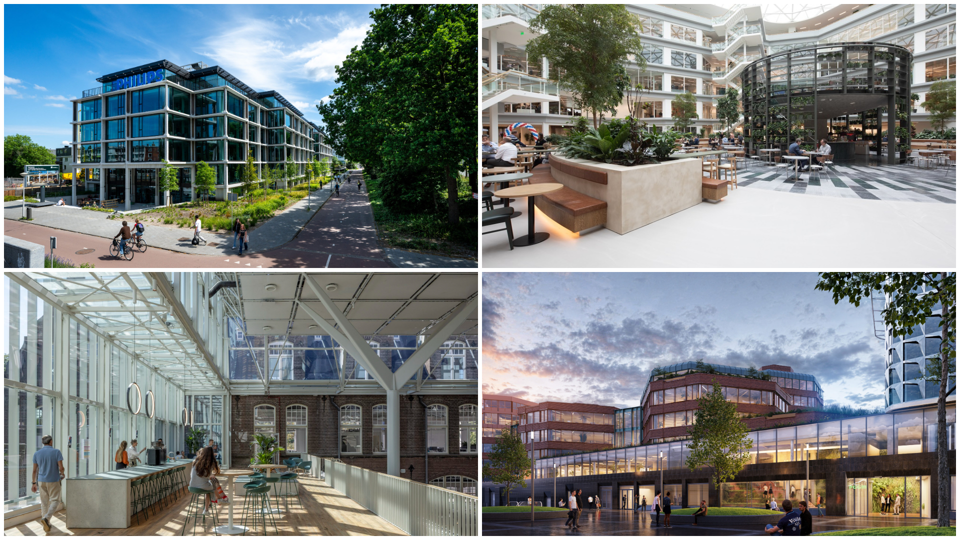 De (nieuwe) kantoren van Philips, APG, Haskoning en PGGM, v.l.n.r. Elk bedrijf gaat anders om met hybride werken.
