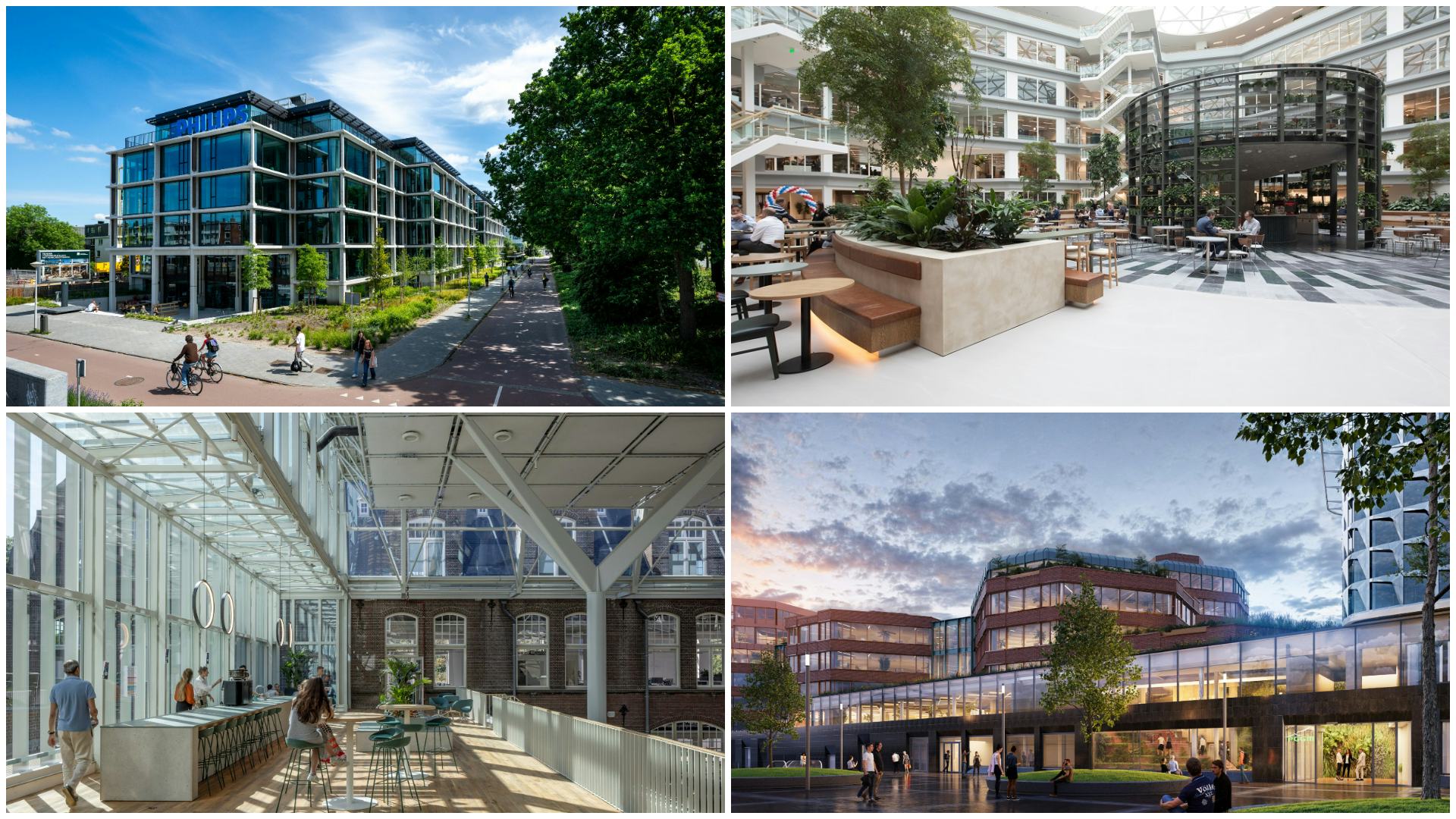 De (nieuwe) kantoren van Philips, APG, Haskoning en PGGM, v.l.n.r. Elk bedrijf gaat anders om met hybride werken.