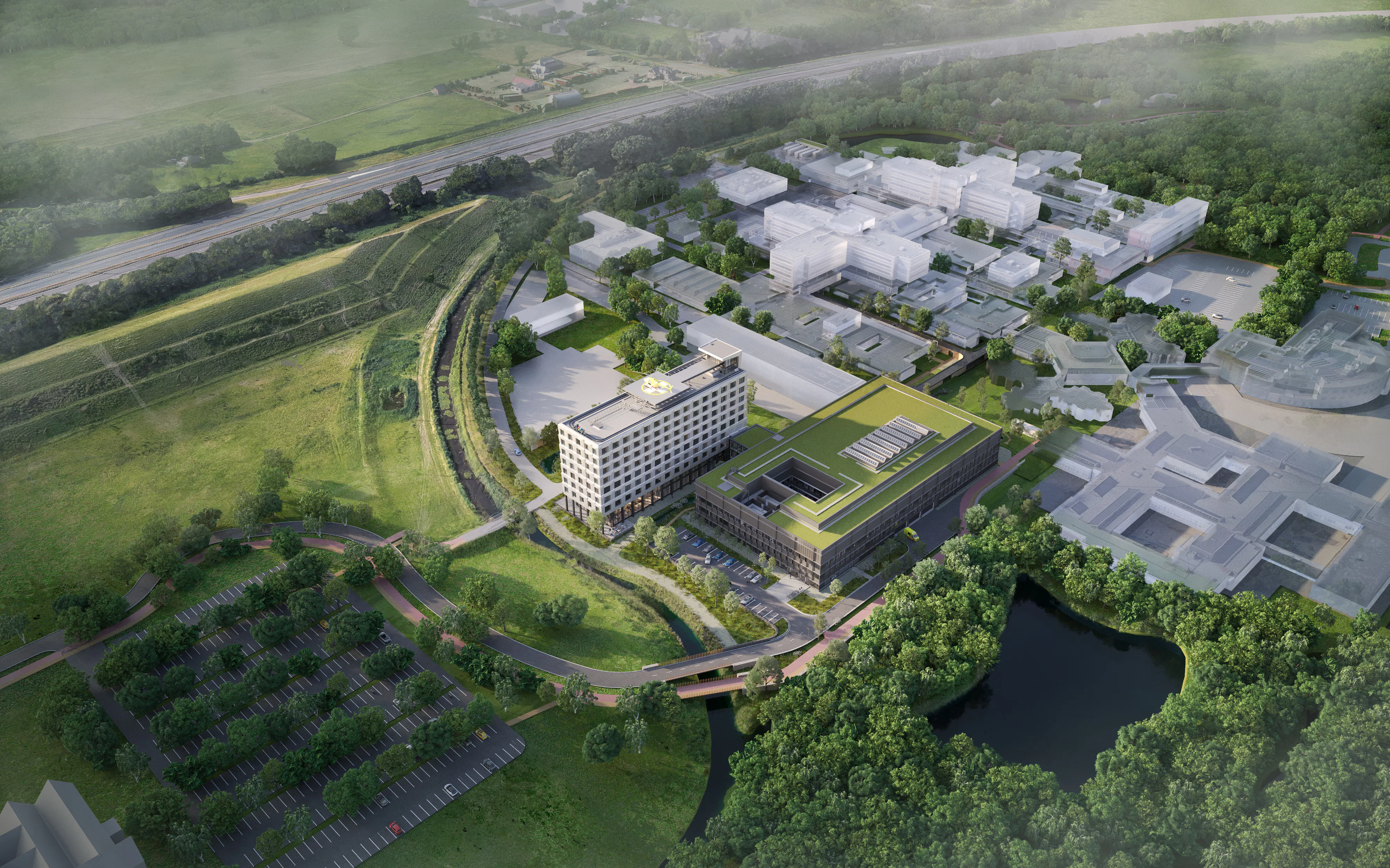 Render van het nieuwe Elisabeth-TweeSteden Ziekenhuis in vogelvlucht gezien. Beeld: Gortemaker Algra Feenstra (GAF)