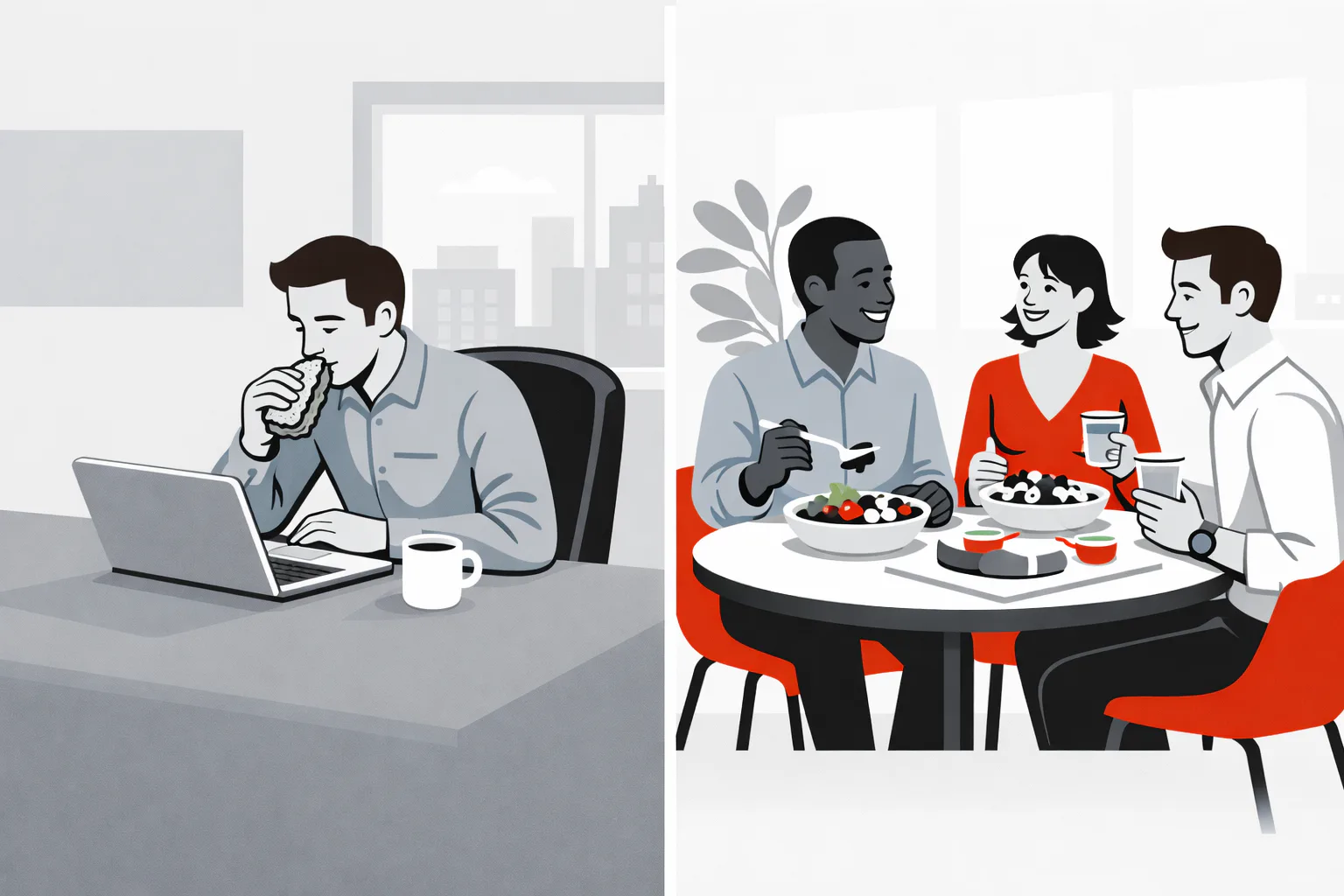 Illustratie van alleen eten achter bureau versus samen lunchen