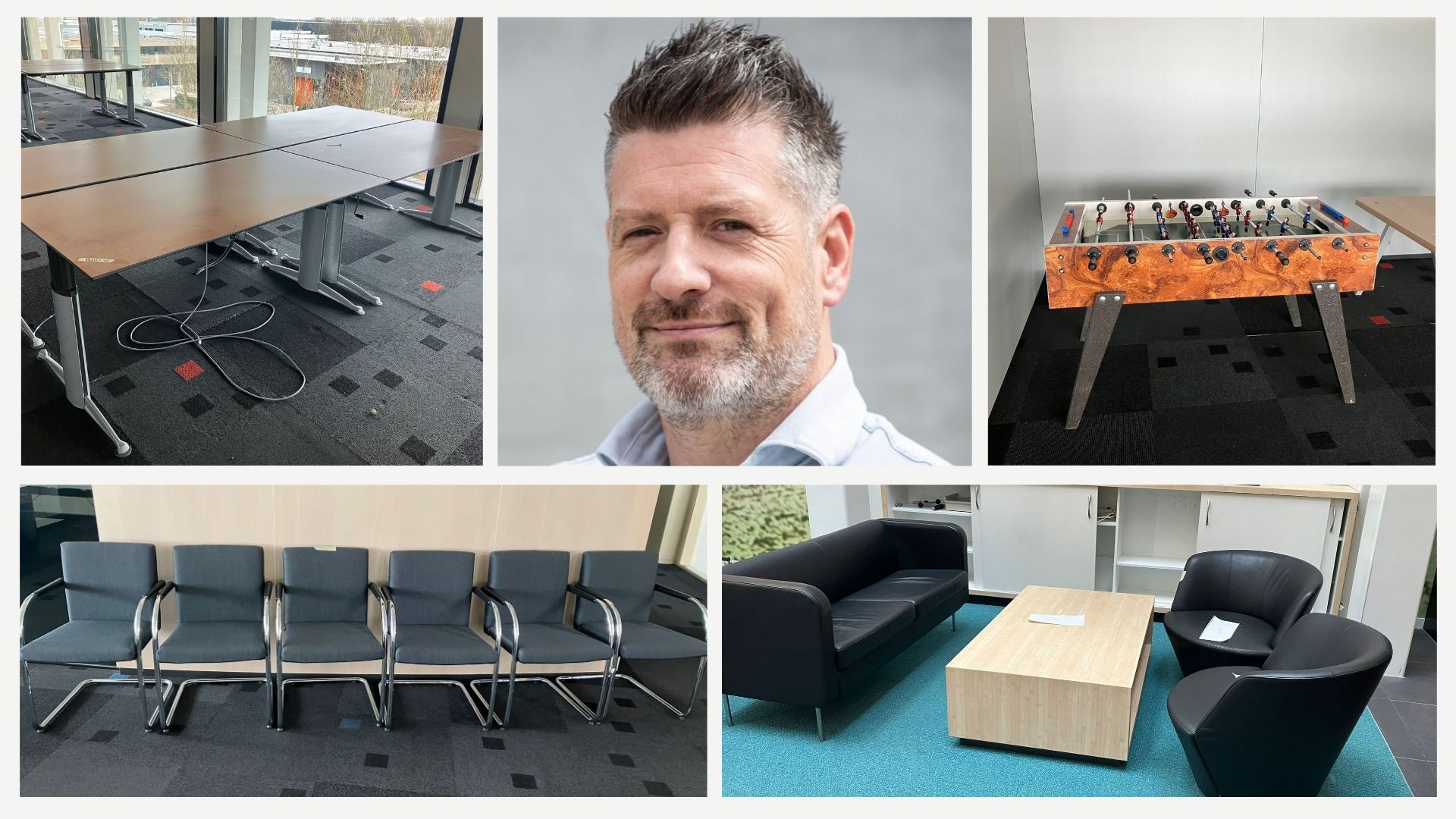 Beeld: Wietse Golbach, Lead Regions Facilities Management bij Rabobank, en een greep uit het gedoneerde meubilair.