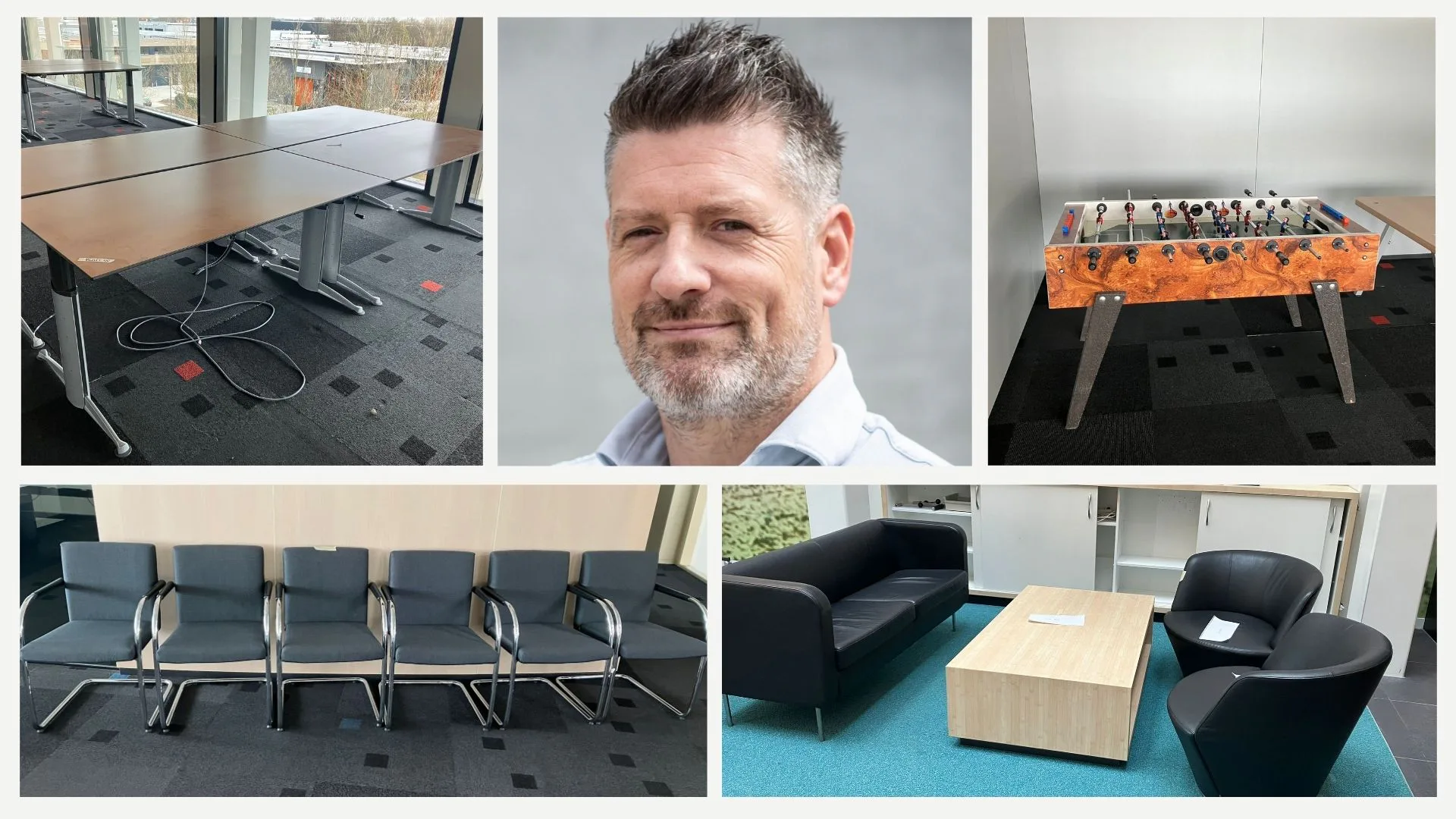 Beeld: Wietse Golbach, Lead Regions Facilities Management bij Rabobank, en een greep uit het gedoneerde meubilair.