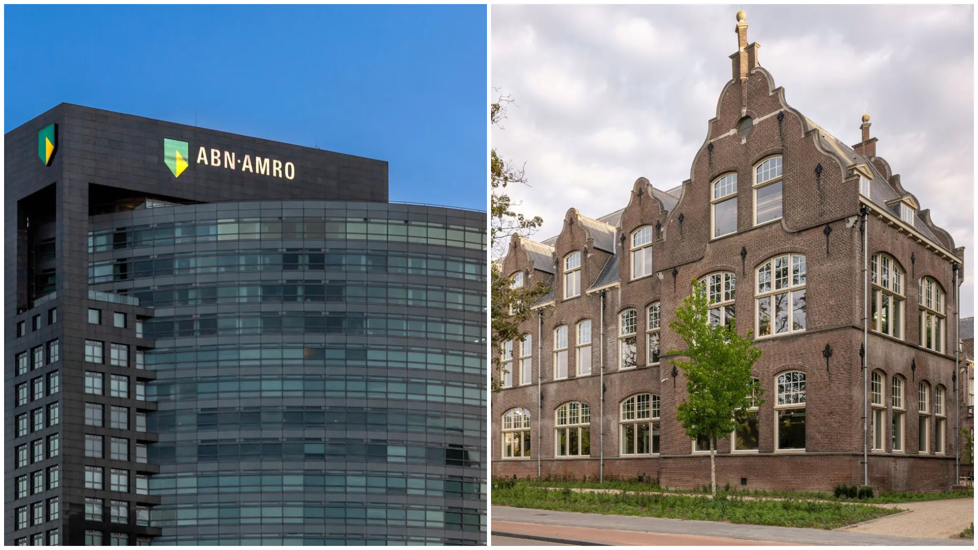 Links kantoor ABN Amro. Rechts kantoor Haskoning in Delft. Foto Haskoning door Lucas van der Wee