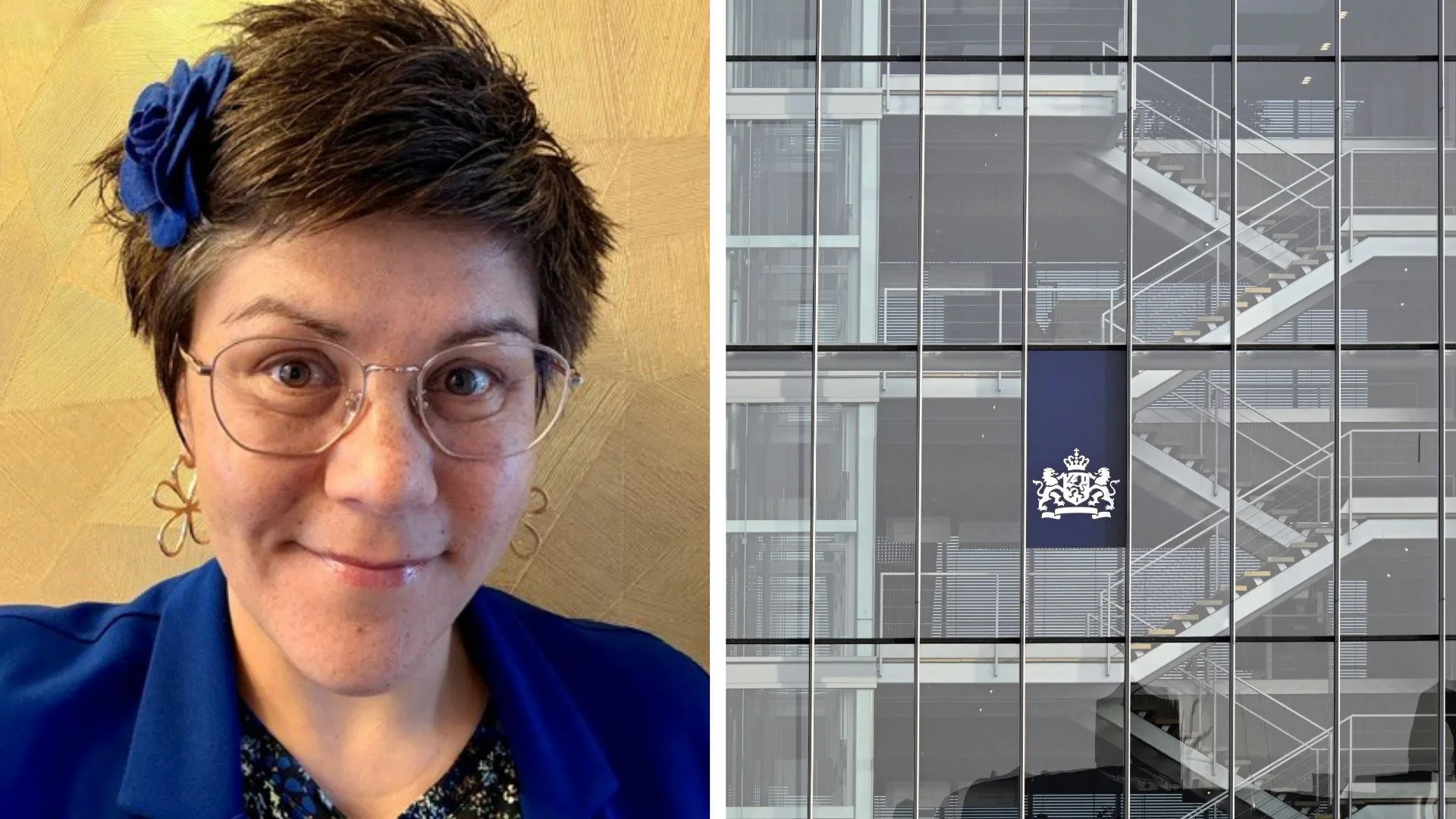 Beeld links: Ellen van der Linden-Moen. Beeld rechts: kantoor Ministerie van Financiën, foto door ANP / Hollandse Hoogte / Peter Hilz