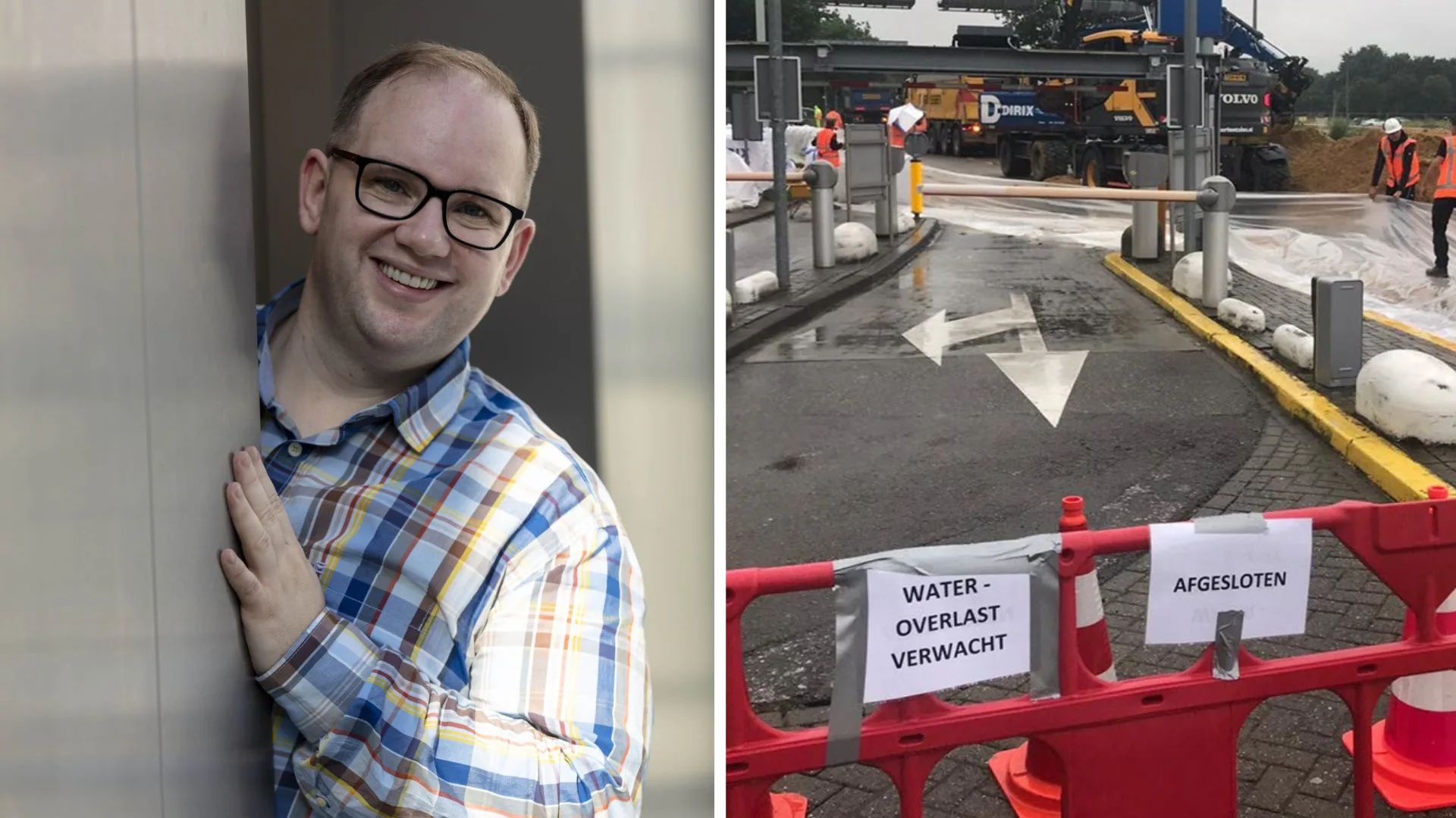 Links: David Hoogerwerf, adviseur crisisbeheersing en crisiscoördinator bij het MUMC+. Rechts: hoogwater in 2021.