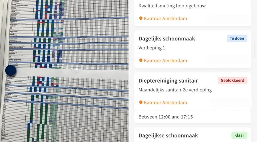 Links de werklijsten op papier, rechts de nieuwe situatie in de app