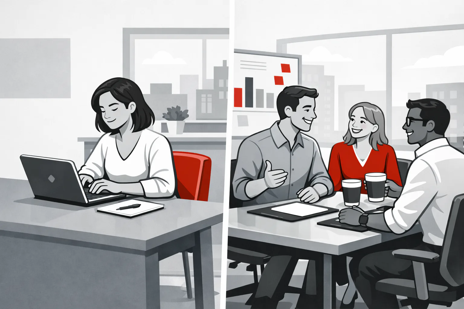 Illustratie van thuiswerken versus samenwerken op kantoor