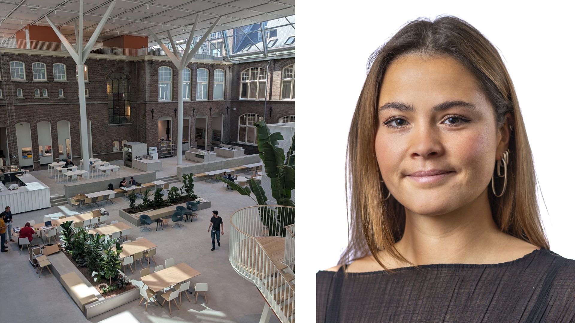 Interieur van het nieuwe kantoor van Haskoning. Beeld door Lucas van der Wee. Rechts: Amabel Chiarito, spreker Facto Congres 2026