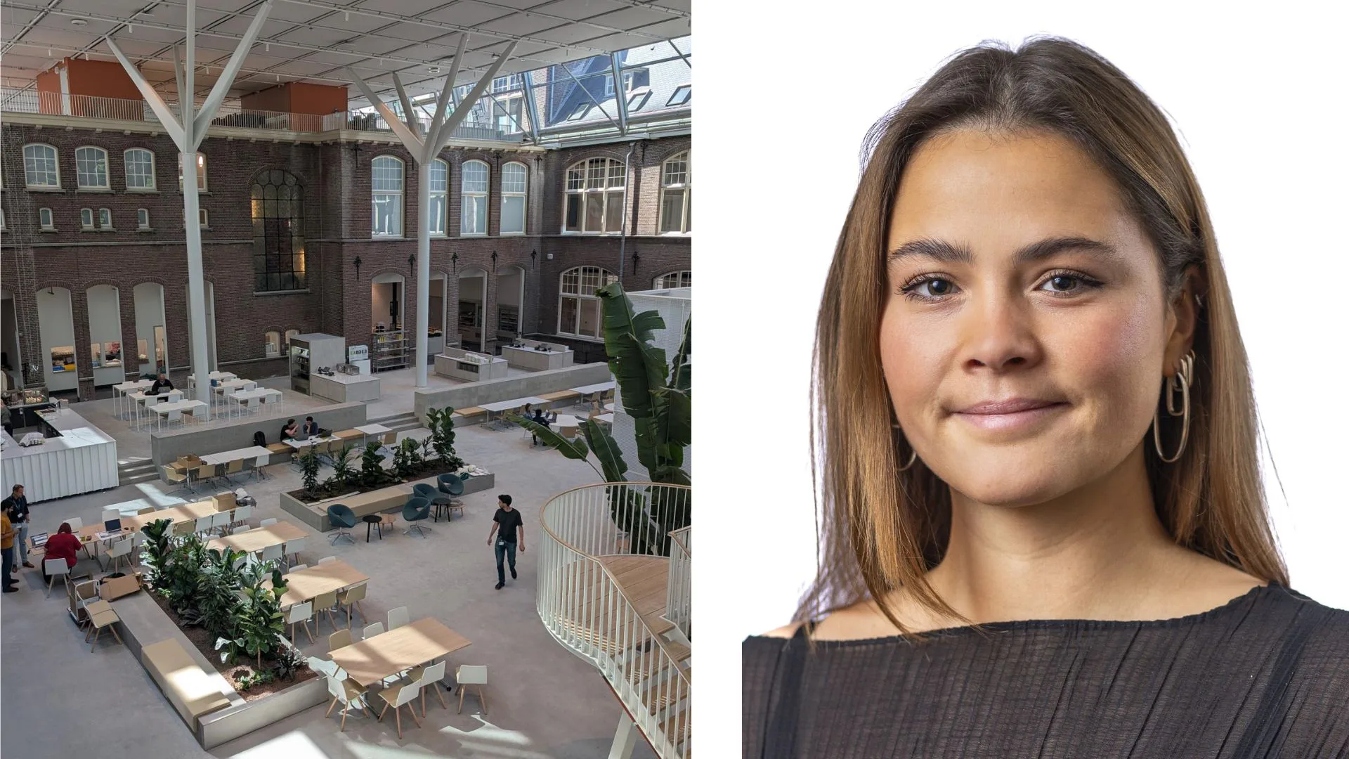 Interieur van het nieuwe kantoor van Haskoning. Beeld door Lucas van der Wee. Rechts: Amabel Chiarito, spreker Facto Congres 2026