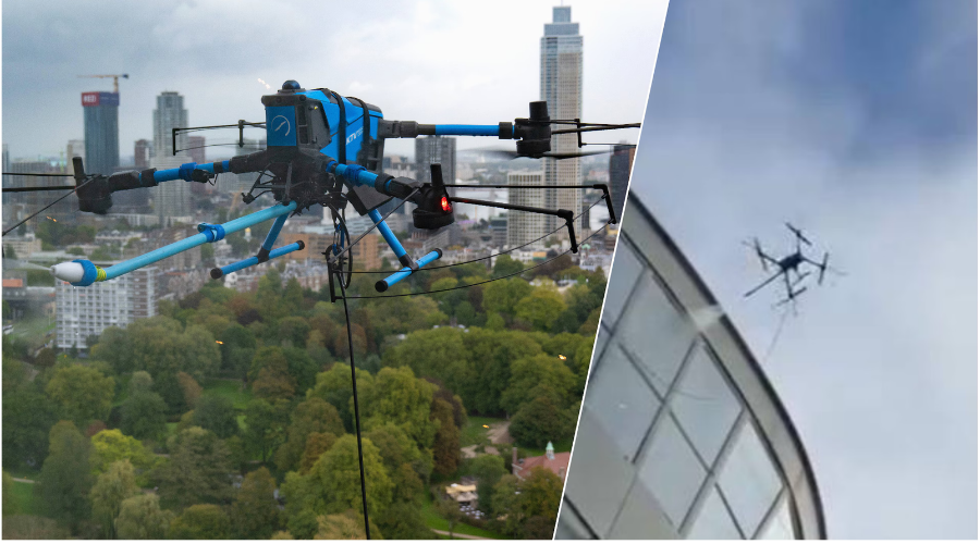 Euromast test drone voor glasbewassing op 100 meter hoogte